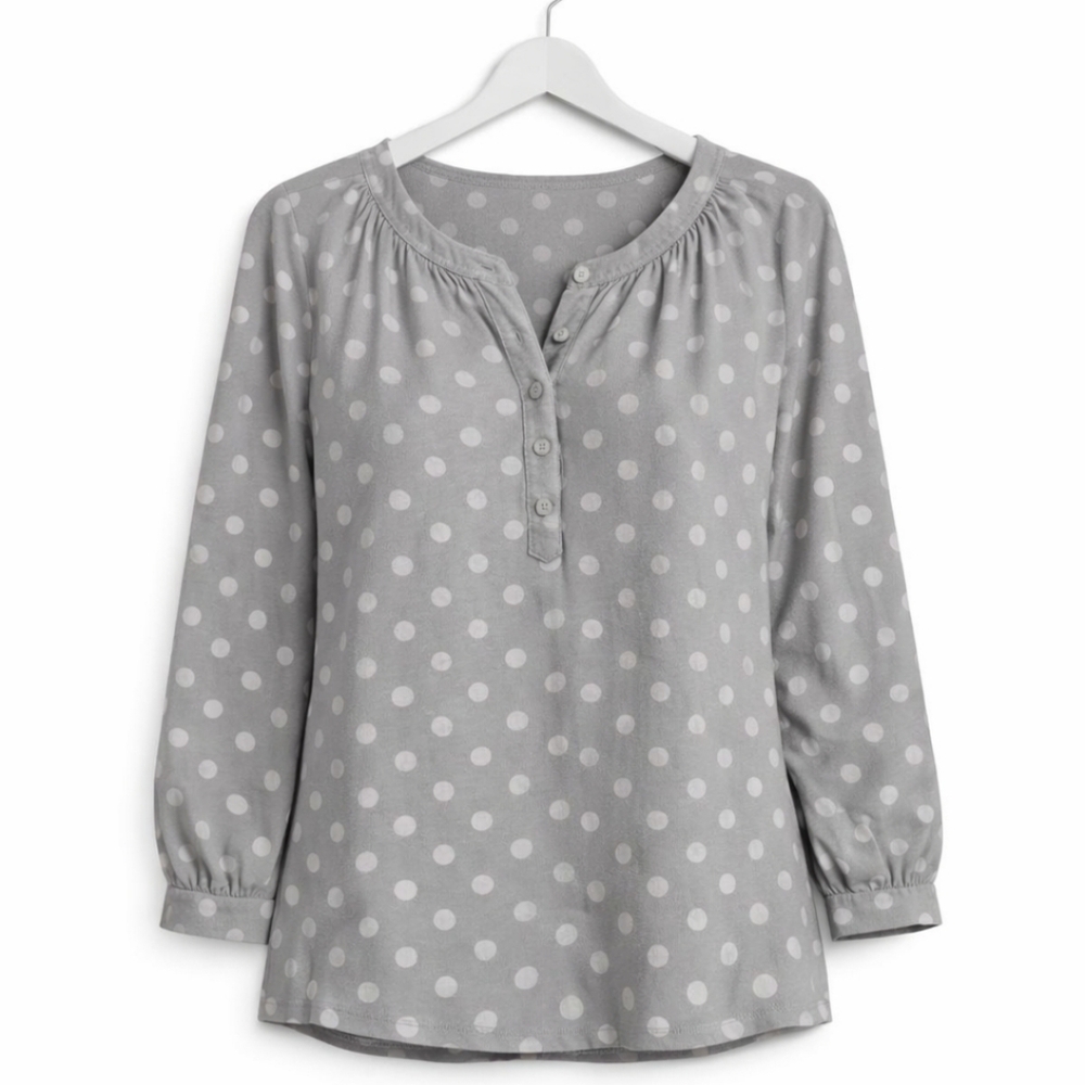 Loft Gray Smocked Hi-Lo Swiss Dot Peasant Blouse Sz Small
